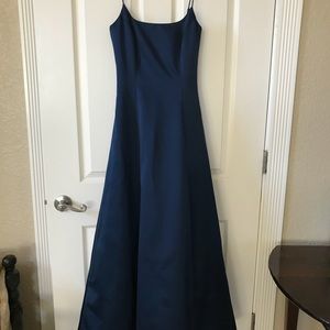 Navy blue spaghetti strap long formal dress